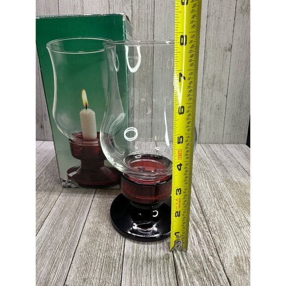 Vtg Luminarc Hurricane Candle Holder Clear Glass Chimney Ruby Red Base Box Set 2 - Picture 9 of 12